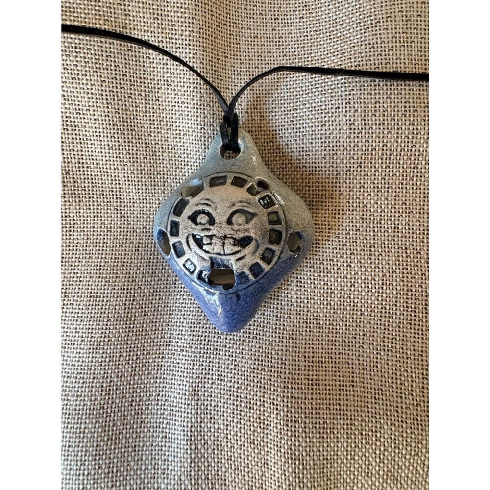 Vintage Folk Art Ceramic Sun Face Whistle Pendant Necklace Southwest Style